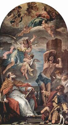The Virgin Mary in Glory with Archangel Gabriel, & St Eusebius (seated), St Sebastian & St Roch by Sebastiano Ricci